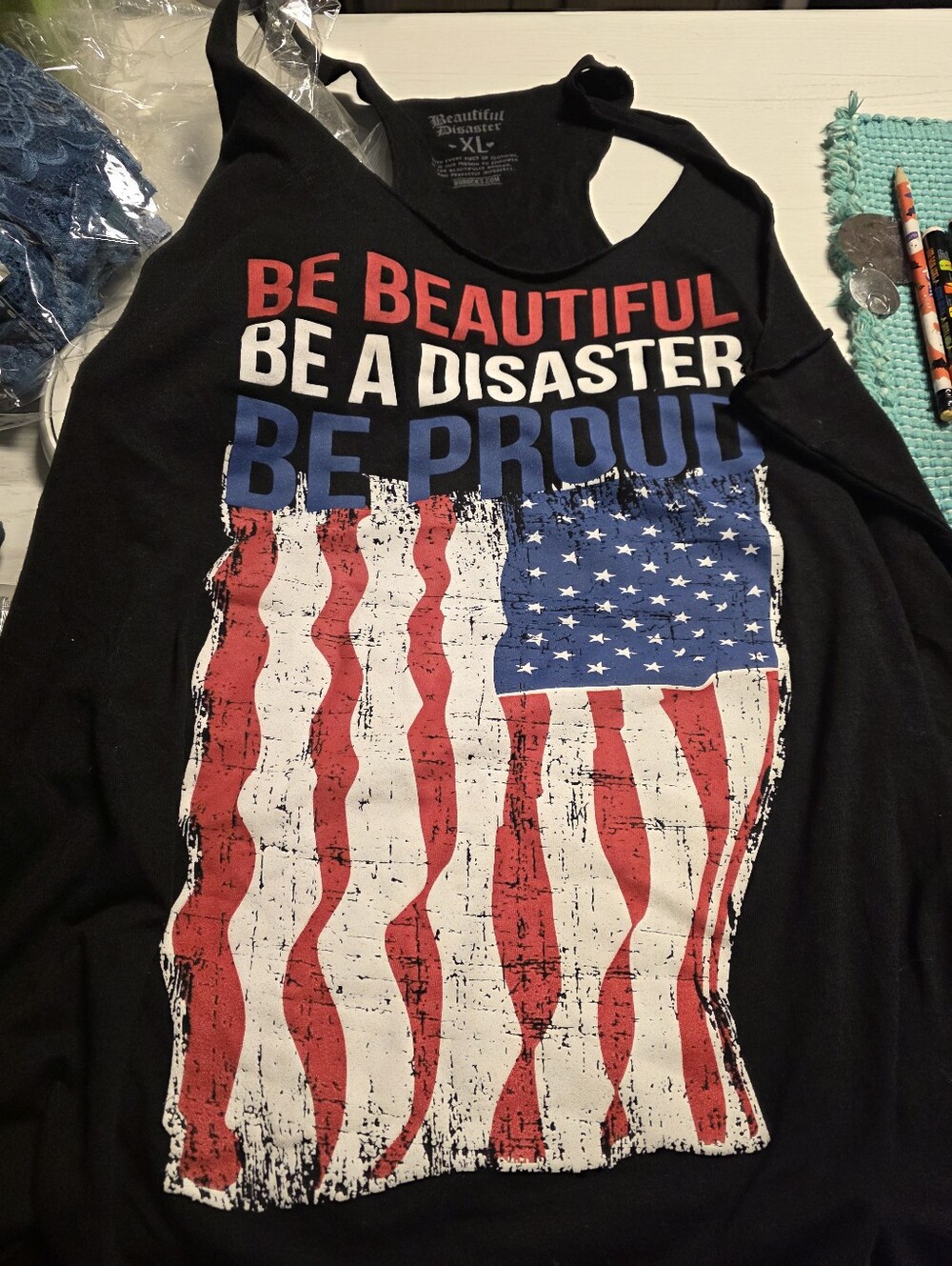 Beautiful Disaster Women’s Black Graphic Tank Top - Patriotic Flag Print